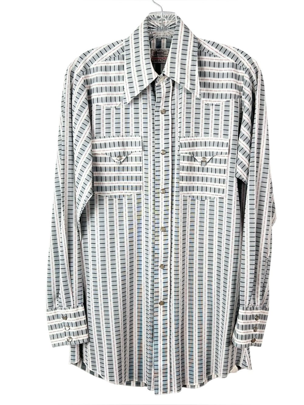 Vintage~H Bar C~Men’s Long Tail~Pearl Snap~Long Sleeve Shirt size 14.5 or Small